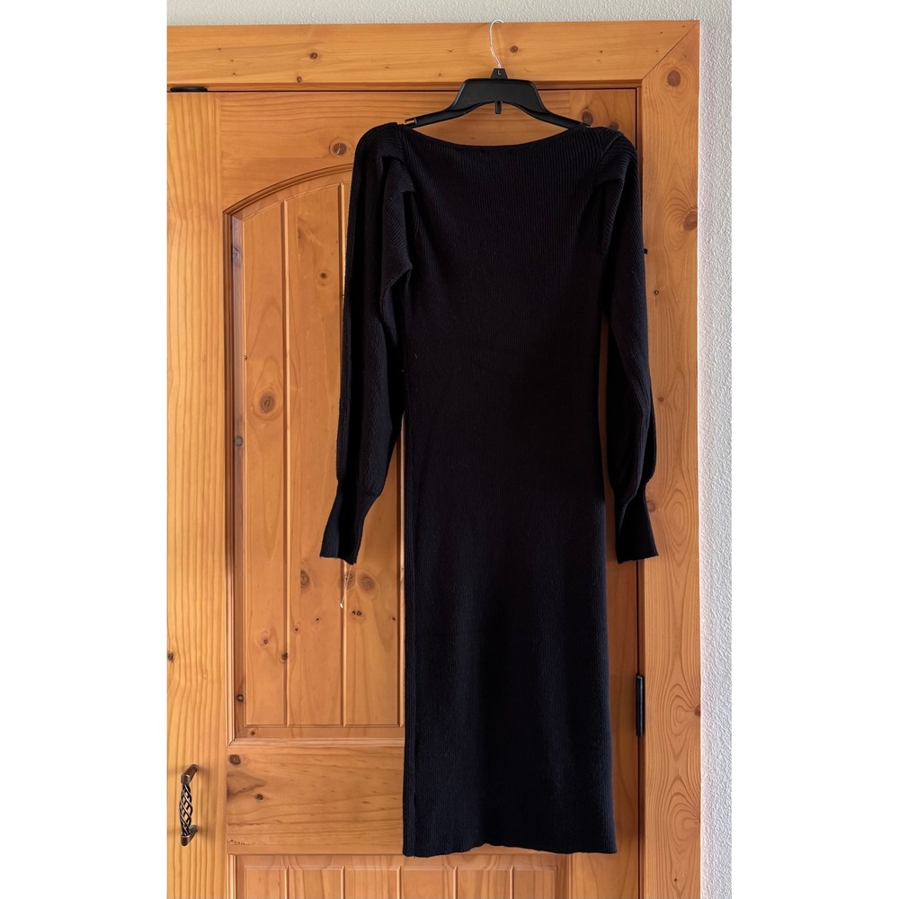 NWT Tahari Black Ribbed Knit Midi Dress Puff Sleeve Scoop Neck - Picture 4 of 6